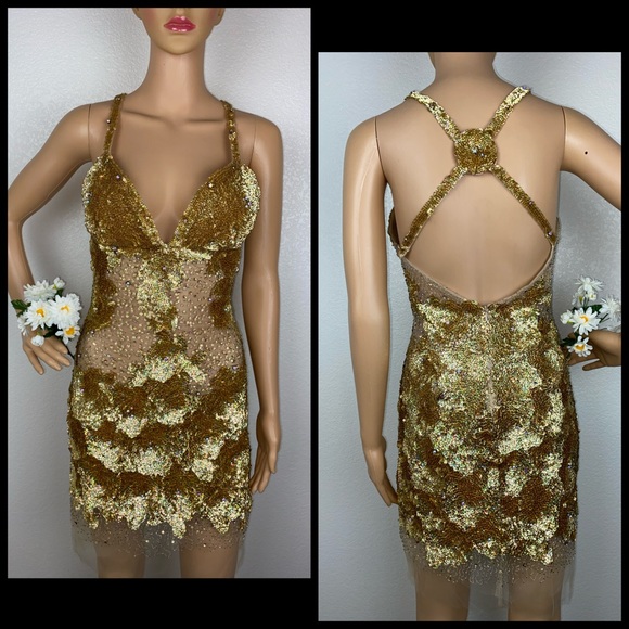 Jovani Gold Sequin Diamond Cocktail Party Dress - Picture 5 of 14